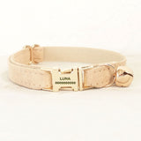 Custom Cat Collar with Bell Engraved Gold Metal Buckle Nude Velvet
