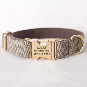 Personalized Dog Collar Set Engraved Gold Buckle Light Brown Tweed