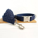 Custom Dog Collar Set with Name Engraved Metal Buckle Fancy Blue Plaid