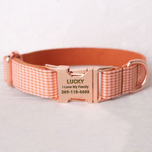 Personalized Dog Collar Set Engraved Rose Gold Buckle Orange Plaid