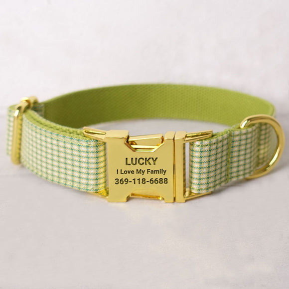 Personalized Dog Collar Set Engraved Bright Gold Buckle Olive Plaid