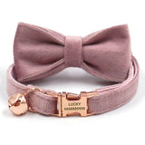 Personalized Cat Collar Set Engraved Rose Gold Buckle Champagne Pink Velvet