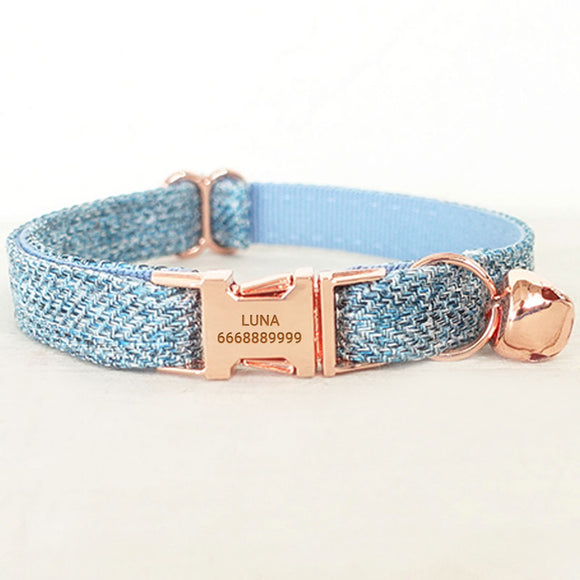 Personalized Cat Collar with Bell Engraved Rose Gold Metal Buckle Blue Tweed