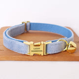 Personalized Cat Collar Engraved Bright Gold Buckle Sky Blue Thick Velvet