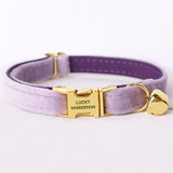 Personalized Cat Collar Engraved Bright Gold Buckle Light Purple Thick Velvet
