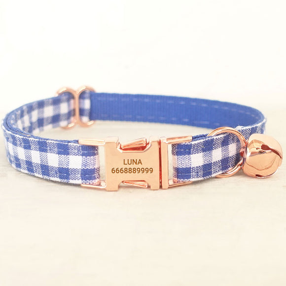 Personalized Cat Collar with Name Engraved Rose Gold Buckle Blue Plaid