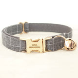 Personalized Cat Collar with Bell Bow Tie Engraved Gold Buckle Grey Flannel Plaid