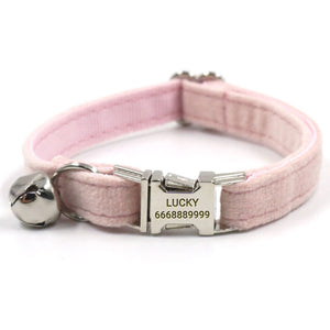 Personalized Cat Collar Set Engraved Silver Buckle Pink Velvet