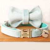 Personalized Cat Collar Engraved Gold Buckle Mint Blue Thick Velvet