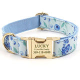 Personalized Dog Collar Set Blueberries Print Engraved Gold Metal Buckle
