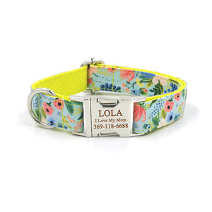 Personalized Dog Collar Engraved Metal Buckle Flower Cute for Girl Dogs - Yellow