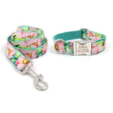 Personalized Dog Collar Engraved Metal Buckle with Leash Bow Tie Available - Green Lotus