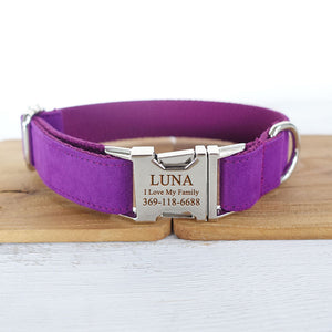 Custom Dog Collar with Matching Dog Leash Bow Tie Set Purple Velvet Metal Buckle