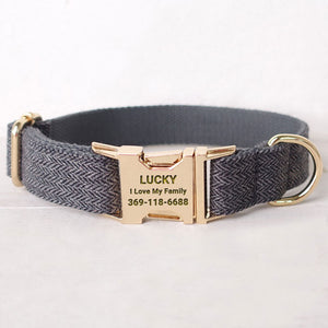 Personalized Dog Collar Set Engraved Gold Buckle Grey Tweed