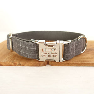 Custom Dog Collar Set with Name Engraved Metal Buckle Grey Plaid