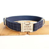 Custom Dog Collar Set with Name Engraved Metal Buckle Fancy Blue Plaid