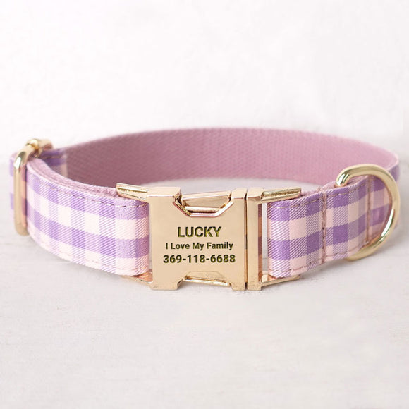 Personalized Dog Collar Set Engraved Gold Buckle Pink Plaid