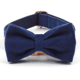 Custom Dog Collar with Leash Bow Tie Poop Bag Holder Velvet Rose Gold Buckle Dark Blue