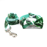 Personalized Dog Collar Engraved Metal Buckle with Leash Bow Tie - Coconut Leaf