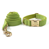 Personalized Dog Collar Set Engraved Gold Metal Buckle Green Velvet