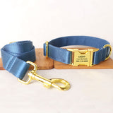 Personalized Dog Collar Set Engraved Bright Gold Buckle Ocean Blue Sating