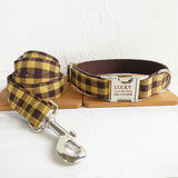 Custom Dog Collar Set with Name Engraved Metal Buckle Cute Yellow Plaid