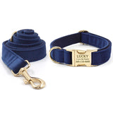 Personalized Dog Collar Dark Blue Velvet with Name Engraved Gold Metal Buckle