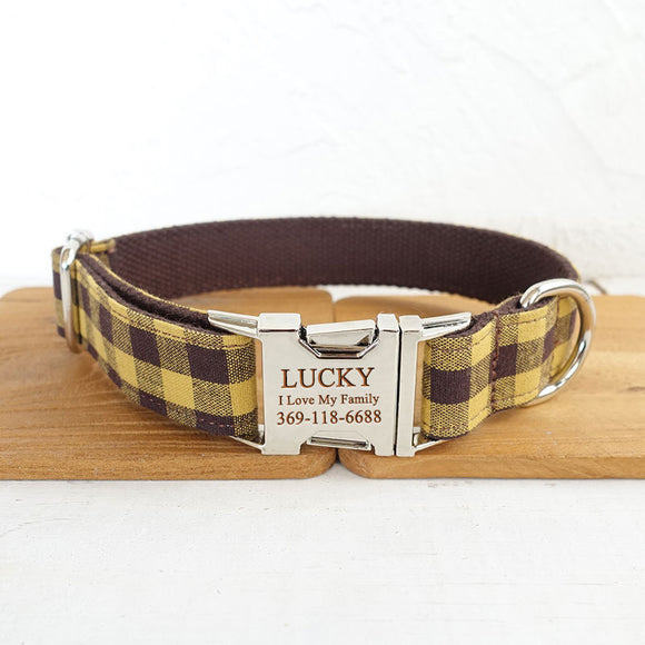 Custom Dog Collar Set with Name Engraved Metal Buckle Cute Yellow Plaid