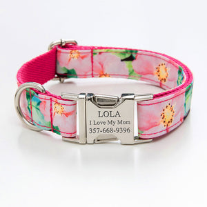 Personalized Dog Collar with Name Engraved Quick Release Metal Buckle - Lotus