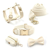Personalized Dog Collar Set Engraved Gold Buckle Cute Cream Velvet