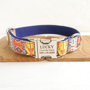 Custom Dog Collar Set with Name Engraved Metal Buckle Blue Bohemian