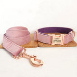 Personalized Dog Collar Set Engraved Rose Gold Buckle Pink Purple Velvet