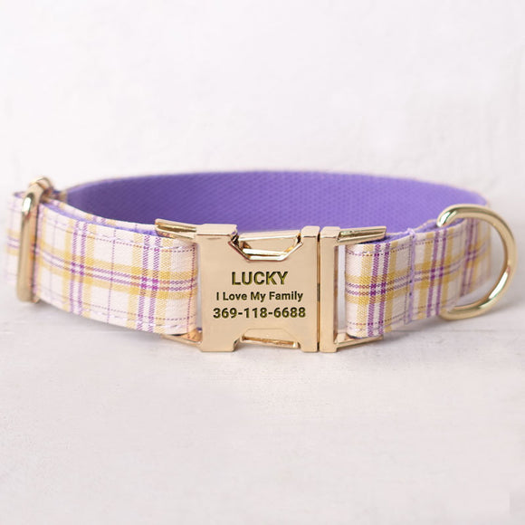 Personalized Dog Collar Set Engraved Gold Buckle Purple Plaid