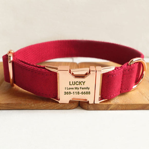 Personalized Dog Collar Engraved Rose Gold Metal Buckle Red Velvet