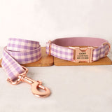 Personalized Dog Collar Set Engraved Rose Gold Buckle Pink Plaid