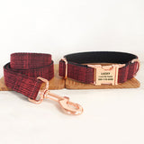 Personalized Dog Collar Set Engraved Rose Gold Buckle Red Tweed