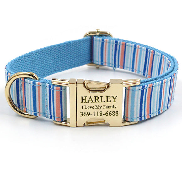 Personalized Dog Collar Engraved with Leash Bow Tie Set Gold Buckle Blue Stripe