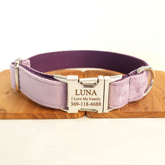 Custom Dog Collar with Matching Dog Leash Bow Tie Thick Light Purple Velvet