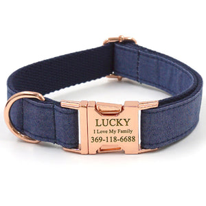 Custom Dog Collar with Leash Bow Tie Poop Bag Holder Dark Blue Jean Engraving Gold Buckle