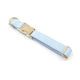 Custom Dog Collar Engraved with Leash Bow Tie Light Blue Velvet Gold Buckle