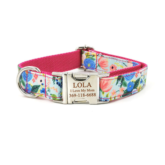Personalized Dog Collar Engraved Metal Buckle Flower Cute for Girl Dogs - Red