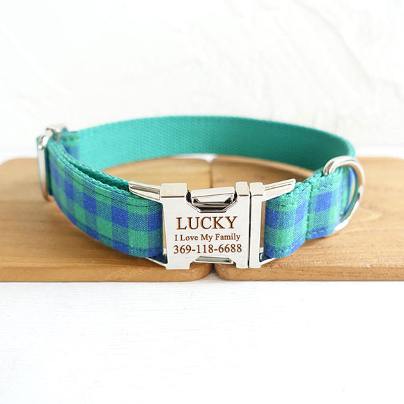 Custom Dog Collar with Name Engraved Quick Release Metal Buckle Green Plaid