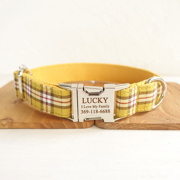 Personalized Dog collars Set with Name Engraved Metal Buckle Cute Lemon Plaid