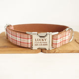 Personalized Orange Plaid Dog Collar with Name Engraved Metal Buckle Set