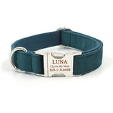 Personalized Dog Collar with Name Engraved Metal Buckle Pine Green Thick Velvet