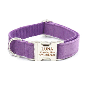 Personalized Dog Collar Engraved Quick Release Metal Buckle Thick Velvet Purple