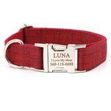 Personalized Dog Collar with Name Engraved Quick Release Metal Buckle Red Linen