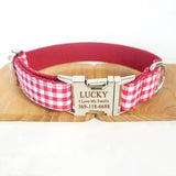 Custom Dog Collar Name Engraved Metal Buckle with Leash Bow Tie Set Red Plaid