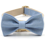 Custom Dog Collar Engraved with Leash Bow Tie Poop Bag Holder Light Blue Jean