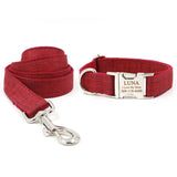 Personalized Dog Collar with Name Engraved Quick Release Metal Buckle Red Linen